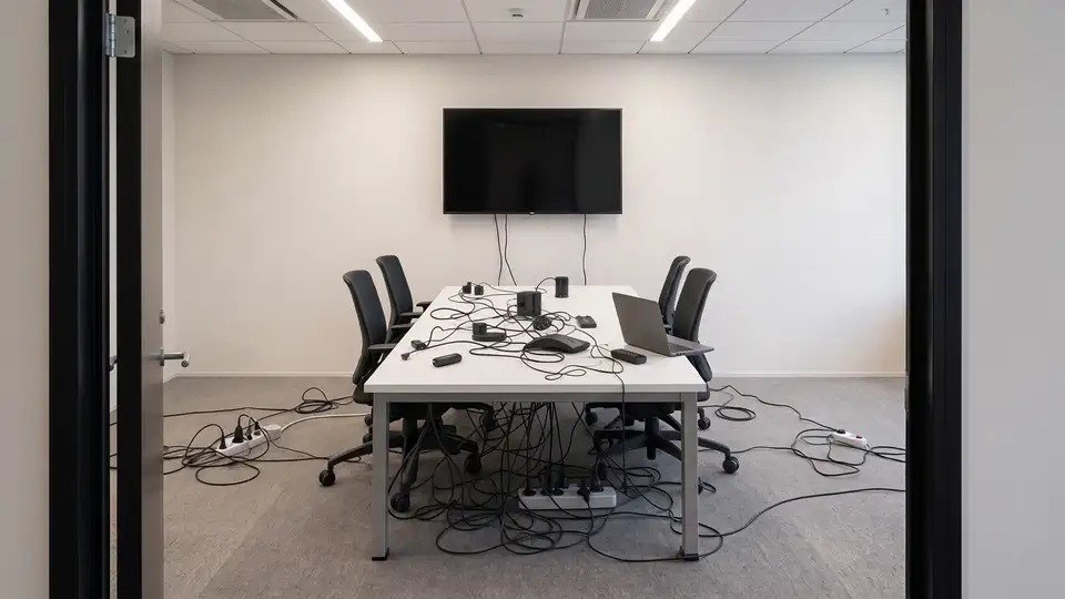 Salle de réunion de douze places : des câbles sur la table, un nid de câbles sous le plateau et des rallonges au sol. En descendant, la salle se vide et se termine.