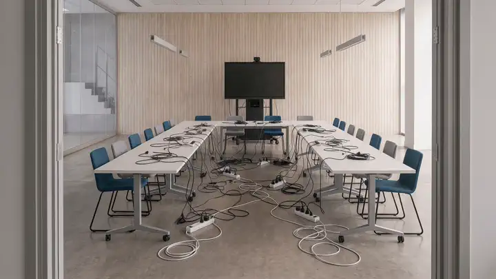 Salle de formation de quatorze places, avant reprise : des câbles en travers des trois rangées de tables, des rallonges au sol, des multiprises posées par terre.