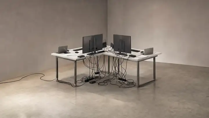 Deux postes de travail en open space, avant reprise : un nid de câbles sous les plateaux, des blocs multiprises au sol et une rallonge qui traverse le passage.